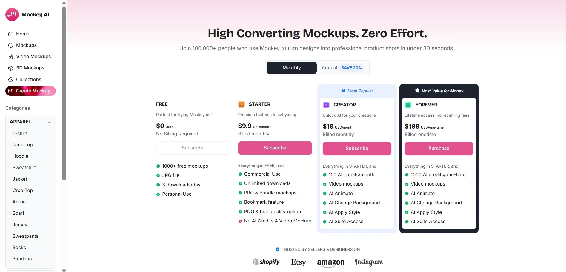 Mockey AI pricing page showing plans with feature comparisons and AI credits details